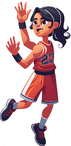 Create a cartoon-style illustration of a basketball player in a shooting pose with hands raised in the air. This character should not be holding a basketball. Emphasize the cartoonish features, exaggerate expressions, and ensure the absence of a basketball in the scene. The goal is to capture a lively and playful cartoon character ready to shoot, with a focus on dynamic and exaggerated elements.