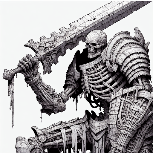 giant armored skeleton with a great sword.
Single Game Texture. In-Game asset. 2d. Blank background. High contrast. No shadows.