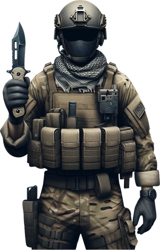 A military goon with a pocket knife.
Single Game Texture. In-Game asset. 2d. Blank background. High contrast. No shadows.