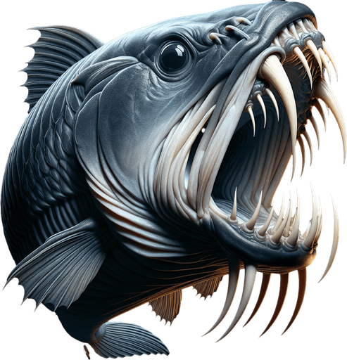 Classic fish with fangs mouth closed lateral view..
2024 game style. Photorealistic. Full side view.