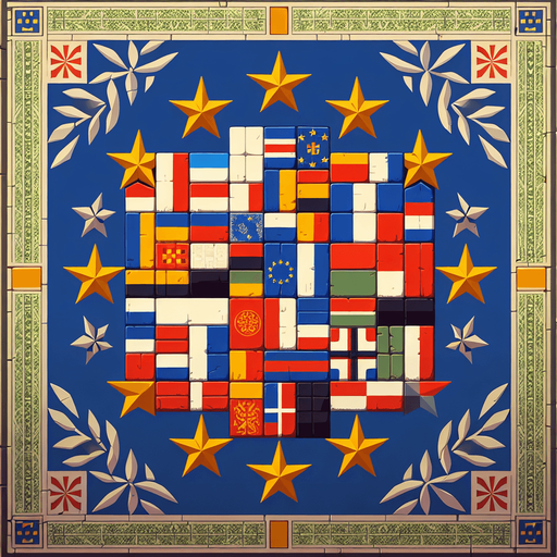 A patchwork of european countries with the european unio flag in back ground..
Single Game Texture. In-Game asset. 2d. Blank background. High contrast. No shadows.