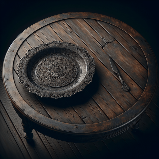 a dark wooden kitchen table with a serving plate..
Single Game Texture. In-Game asset. 2d. Blank background. High contrast. No shadows.