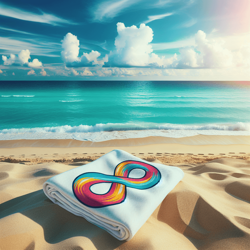 full view of a Beach white towel with colored infinte logo. placed on the sand.
photo