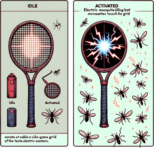 The electric mosquito killing bat sprite sheet will illustrate the device in two states: idle and activated. In the idle state, the bat resembles a tennis racket with a fine mesh grid, featuring a handle for easy grip and a subtle glow emanating from the electrified grid. The activated state showcases the bat in action, zapping mosquitoes with bright sparks and flashes of electricity as they come into contact with the mesh. The sparks should be animated to convey the sensation of a powerful electric discharge. Additional details could include small mosquito silhouettes near the grid in the activated state, or a faint buzzing sound effect to enhance the visual and auditory experience..
Single Game Texture. In-Game asset. 2d. Blank background. High contrast. No shadows.