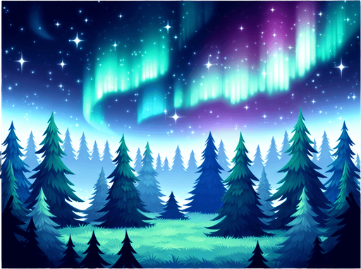 Cartoon Christmas outdoor scene. Forest, northern lights.
Single Game Texture. In-Game asset. 2d. Blank background. High contrast. No shadows.