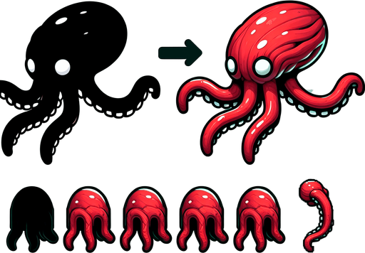 red tentacle alien.
Single Game Texture. In-Game asset. 2d. Blank background. High contrast. No shadows.