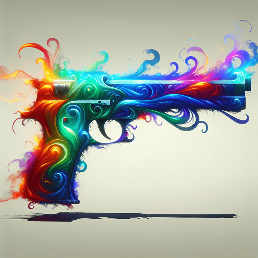 Pistol made of gaseous rainbow colored magic energy..
Single Game Texture. In-Game asset. 2d. Blank background. High contrast. No shadows.