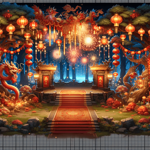 Chinese new years, enchanted forest.
Single Game Texture. In-Game asset. 2d. Blank background. High contrast. No shadows.