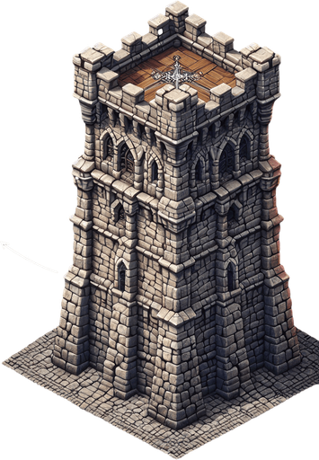 a medieval style stone tower. top down view. Single Game Texture. In-Game asset. 2d. Blank background. High contrast. No shadows.