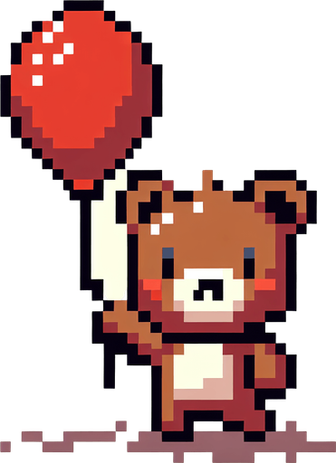 pixelart. a smiling brown bear holding a red baloon, that is lifting it upwards..
Single Game Texture. In-Game asset. 2d. Blank background. High contrast. No shadows.