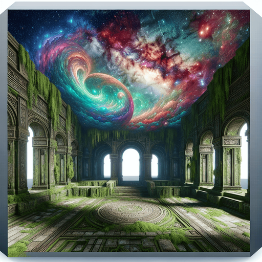 Mossy green ancient temple ruins interior surrounded by colorful galactic clouds..
Single Game Texture. In-Game asset. 2d. Blank background. High contrast. No shadows.