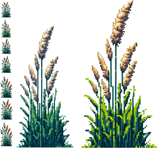 pixel art of a tall grass plant, side view.
game asset, 2d, white background, shadowless.