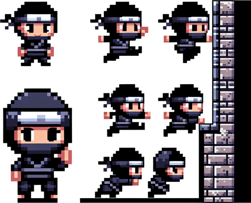 8-bit pixelated chibi ninja character sprite sheet with two simple, exaggerated action poses: one in mid-jump, with a small, round body and oversized head, arms and legs slightly bent in a cute, chibi-like leap. The second pose should emphasize the chibi ninja sliding down a wall: his body is pressed close to the wall with one hand extended upward, gripping or bracing against the wall. His feet should be pressed against the wall as he slides down, while his face is turned in the opposite direction, giving the impression he's scanning for threats or preparing to leap. The design should maintain the playful chibi proportions, with a dark, minimalistic outfit and a simple headband, all within a retro 8-bit pixel aesthetic and a limited color palette..
Single Game Texture. In-Game asset. 2d. Blank background. High contrast. No shadows.