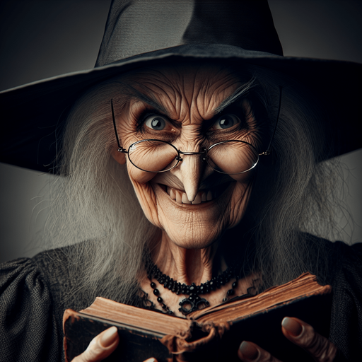 Old gloomy teacher witch with a malicious smile, with glasses, a twisted nose and a black conical hat, holding a book and looking at the camera.
Torso head and hat should appear