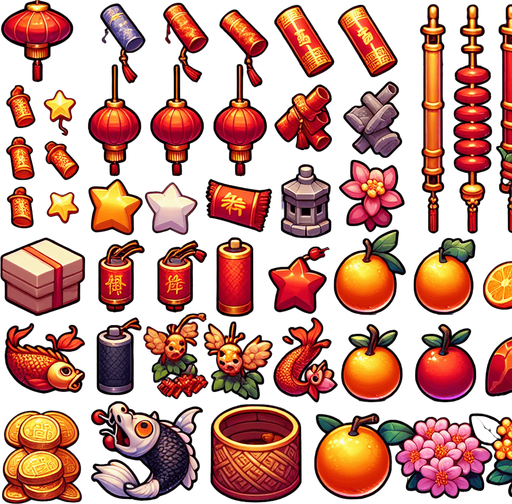 Sprite sheet with Hongbao, chinese Firecrackers, chinese lanters, Yuanbao, Koi Fish, chines Mandarin Oranges, chinese Plum Blossoms.
Game art.
Single Game Texture. In-Game asset. 2d. Blank background. High contrast. No shadows.