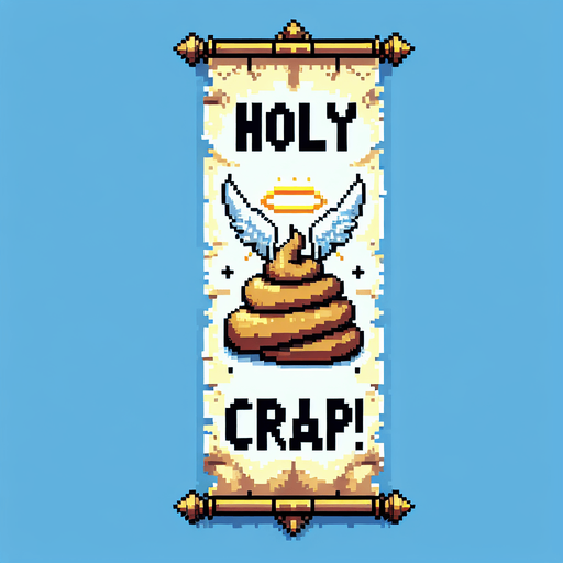 text saying "Holy Crap!" against a divine angelic poop banner. pixelated. 8-bit.
Single Game Texture. In-Game asset. 2d. Blank background. High contrast. No shadows.