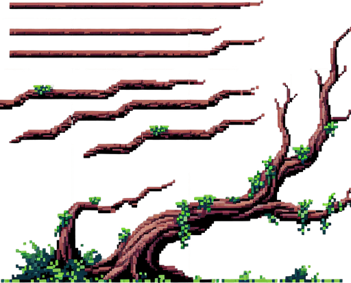 pixelart. A ong horizontally growing  branch grown from a redwood tree. The tree itself should not be included in the image, only the branch..
Single Game Texture. In-Game asset. 2d. Blank background. High contrast. No shadows.