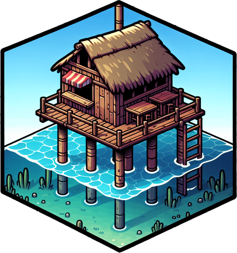 Create a cartoon-style illustration of a small bar hut on short stilts, above water,  close view.
Single Game Texture. In-Game asset. 2d. Blank background. High contrast. No shadows.