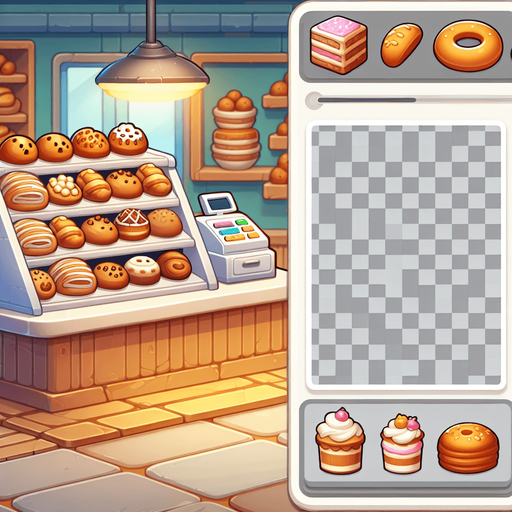 Cartoon bluno background of a bakery.
Single Game Texture. In-Game asset. 2d. Blank background. High contrast. No shadows.