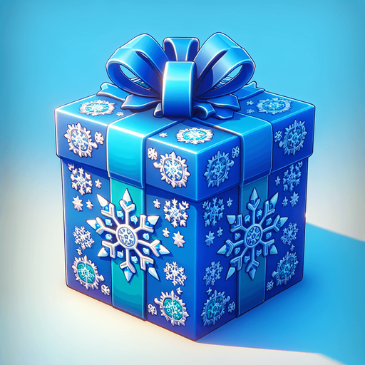 a christmas decorated blue present. plastic style. Single Game Texture. In-Game asset. 2d. Blank background. High contrast. No shadows.