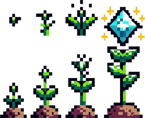 pixel art sprite sheet of a growing plant with a diamond flower.
Game asset. 2d. Blank background. High contrast. No shadows.