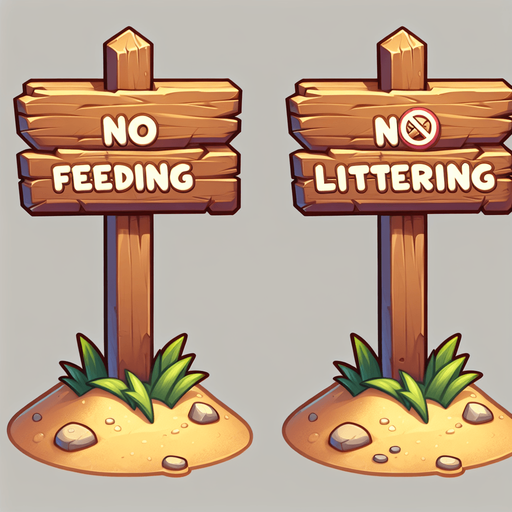 Create a cartoon-style illustration of a wooden no feeding and no littering sign on a sandy stake..
Single Game Texture. In-Game asset. 2d. Blank background. High contrast. No shadows.