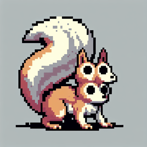 pixelart. a crouching  two-headed squirrel..
Single Game Texture. In-Game asset. 2d. Blank background. High contrast. No shadows.