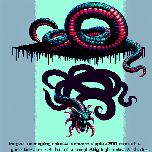 evil large snake dangling upside down, I want the art style to reflect a classic 16-bit retro pixel art aesthetic, reminiscent of early 1990s RPGs with vibrant colors.
Single Game Texture. In-Game asset. 2d. Blank background. High contrast. No shadows.