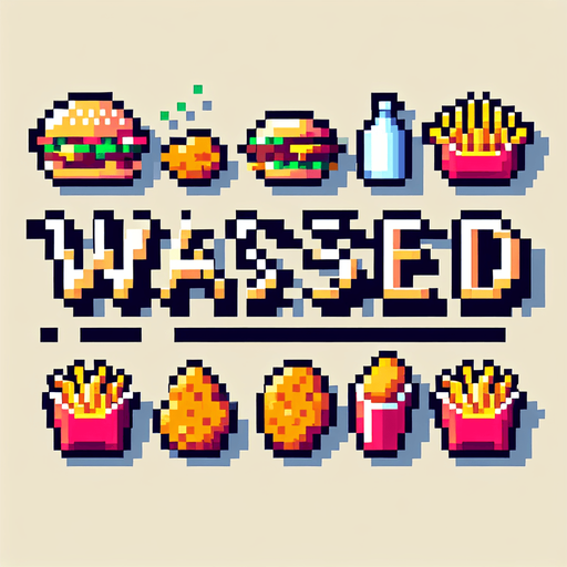 8-bit pixelated text saying "WASTED" against a fast food like burgers, fries and nuggets.
Single Game Texture. In-Game asset. 2d. Blank background. High contrast. No shadows.