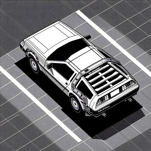 DeLorean car, seen from behind

Top-down, gta2, Single Game Texture. In-Game asset. 2d. Blank background. High contrast. No shadows.isometric