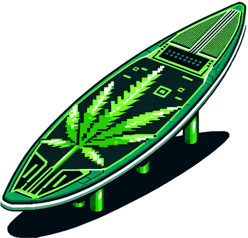 Cannabis plant surfboard transparent background on its side green in shape of cannabis leaf technological futuristic tech 8bit Single Game Texture. In-Game asset. 2d. Blank background. High contrast. No shadows Single Game Texture. In-Game asset. 2d. Blank background. High contrast. No shadows.