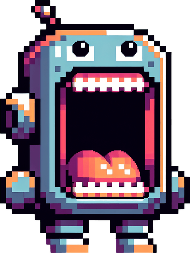 cute hungry chatbot character head. mouth wide open to eat information. pixelated. 8 bit..
Single Game Texture. In-Game asset. 2d. Blank background. High contrast. No shadows.