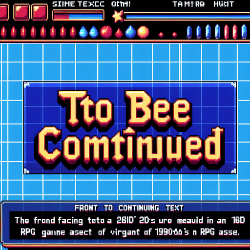 text that says 'To Be Continued', front facing, I want the art style to reflect a classic 16-bit retro pixel art aesthetic, reminiscent of early 1990s RPGs with vibrant colors.
Single Game Texture. In-Game asset. 2d. Blank background. High contrast. No shadows.