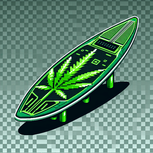 Cannabis plant surfboard transparent background on its side green in shape of cannabis leaf technological futuristic tech 8bit Single Game Texture. In-Game asset. 2d. Blank background. High contrast. No shadows Single Game Texture. In-Game asset. 2d. Blank background. High contrast. No shadows.