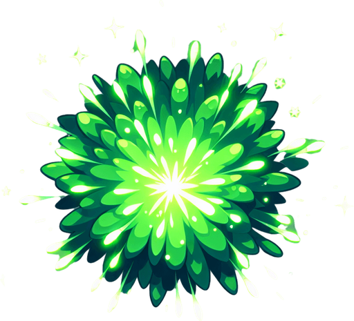 single green firework explosion . Single Game Texture. In-Game asset. 2d. Blank background. High contrast. No shadows.