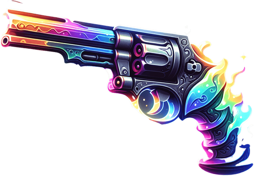 Pistol made of gaseous rainbow colored magic energy..
Single Game Texture. In-Game asset. 2d. Blank background. High contrast. No shadows.