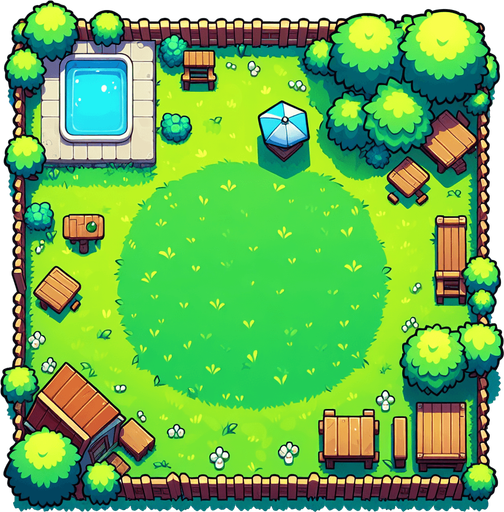 Cartoon. Grass background. Backyard.  Top view. In game asset Single Game Texture. In-Game asset. 2d. Blank background. High contrast. No shadows.