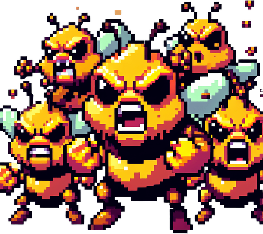 pixel art. some angry bees..
Single Game Texture. In-Game asset. 2d. Blank background. High contrast. No shadows.