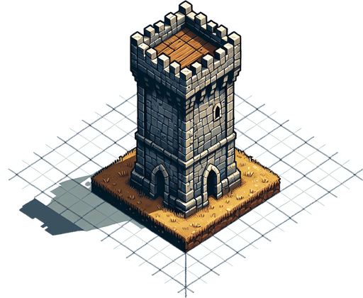 a medieval style stone tower. top down view. Single Game Texture. In-Game asset. 2d. Blank background. High contrast. No shadows.