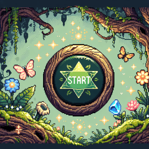 A start button for an elf game in a magic forest.
Pixel art.