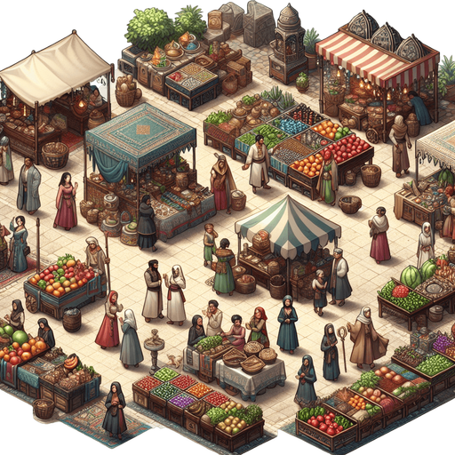 a marketplace in a  fantasy rts style.
Single Game Texture. In-Game asset. 2d. Blank background. High contrast. No shadows.