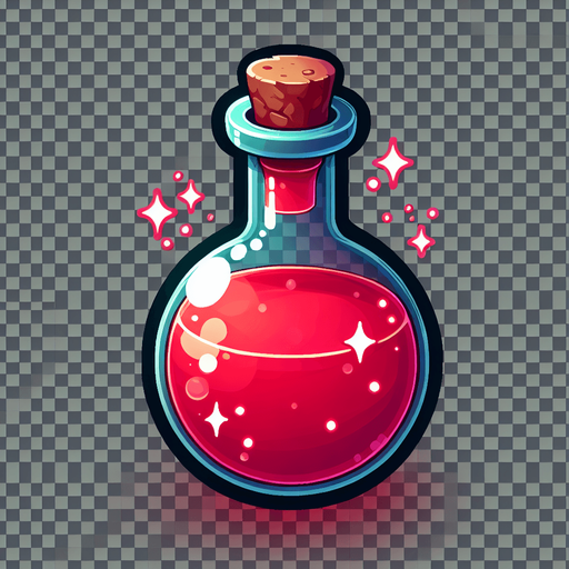 potion magique rouge.
Single Game Texture. In-Game asset. 2d. Blank background. High contrast. No shadows.