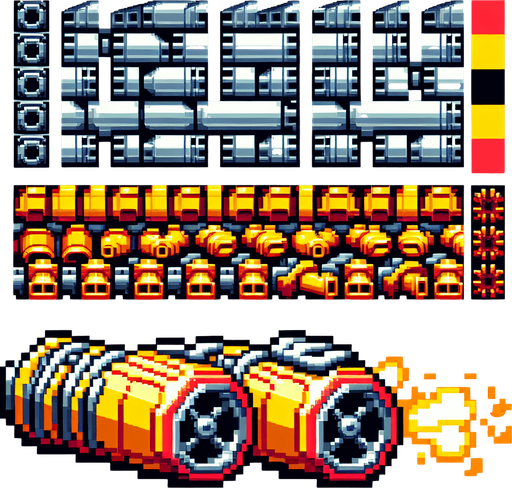 Bright yellow and red engine exhaust sprite sheet..
Single Game Texture. In-Game asset. 2d. Blank background. High contrast. No shadows.