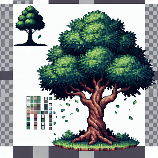 A 2D pixel of a tree asset transparent.
Single Game Texture. In-Game asset. 2d. Blank background. High contrast. No shadows.