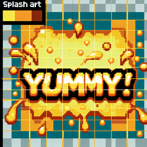 Pixelart - a cool splash screen style text saying 'Yummy!' golden yellow brown honey colors..
Single Game Texture. In-Game asset. 2d. Blank background. High contrast. No shadows.