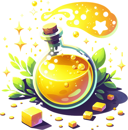 potion magique jaune.
Single Game Texture. In-Game asset. 2d. Blank background. High contrast. No shadows.