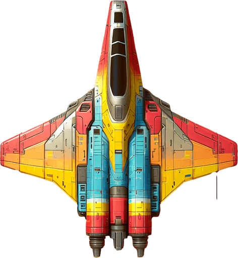 Single futuristic spaceship flying straight  upwards viewed from above in colour without any background.
Single Game Texture. In-Game asset. 2d. Blank background. High contrast. No shadows.