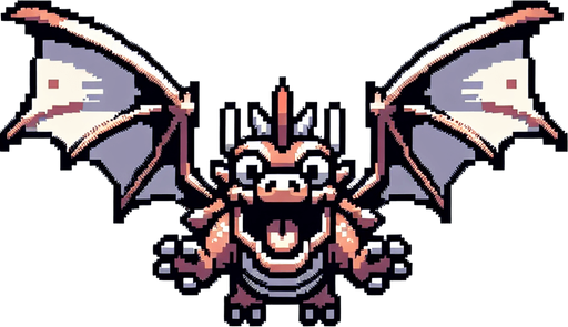 8bit cartoon flying dragon. Front view. Funny..
Single Game Texture. In-Game asset. 2d. Blank background. High contrast. No shadows.