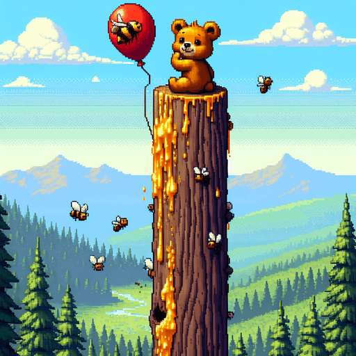 pixel art. a full screen illustration. a likeable and very content little bear cub with a punctured and deflated red baloon is looking down from an incredibly tall redwood tree, inspecting where to get a foothold in order to climb down. The baloon has a puncture in it, from a bee sting, where air is visible flowing out of it, deflating it. the bear's face and fur is smeared a bit with all the delicious golden yellow honey he just ate, which he is enjoying and feeling satiated from. The picture should adhere to the bear's perspective, looking down the tall tree trunk towards the green meadow beneath him. It's a bright summer day with a clear blue sky. Mountains in the distance..
Single Game Texture. In-Game asset. 2d. Blank background. High contrast. No shadows.