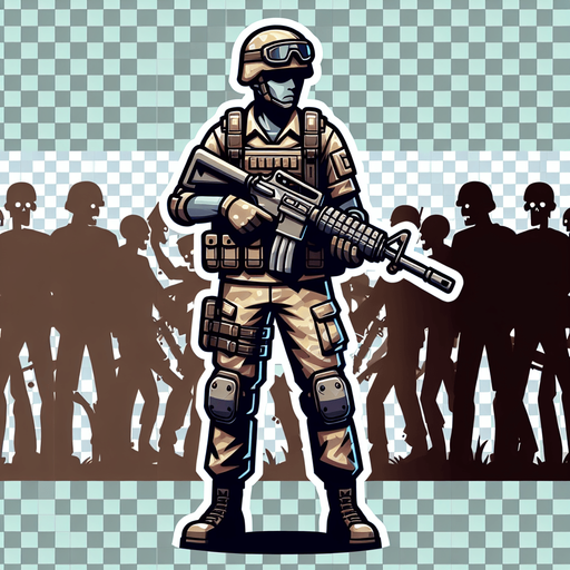 Soldier in a zombie infested world.
Single Game Texture. In-Game asset. 2d. Blank background. High contrast. No shadows.